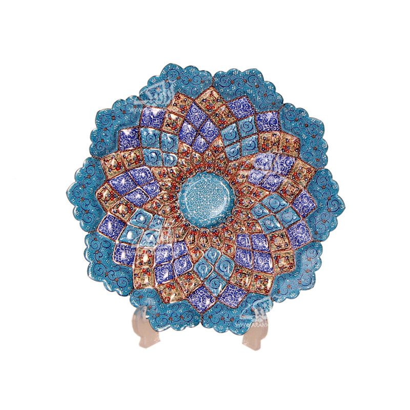 بشقاب مینا کاری گرد آرانیک رنگ آبی طرح آفتابگردان